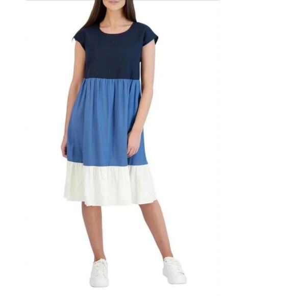 52Seven Blue & White Tiered Colorblock Cap Sleeve Linen Blend Dress Size 12 - Picture 1 of 10